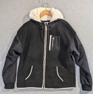 Champion Polar Fleece Jacket Women's Large Black White Hooded Full Zip